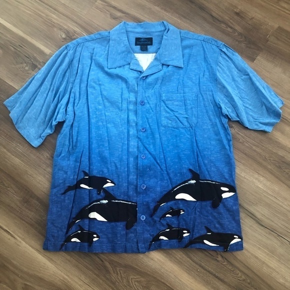 Sea World Blue Ombré Ocean Orca Print Short Sleeve Button Down Men XXL - Picture 1 of 6